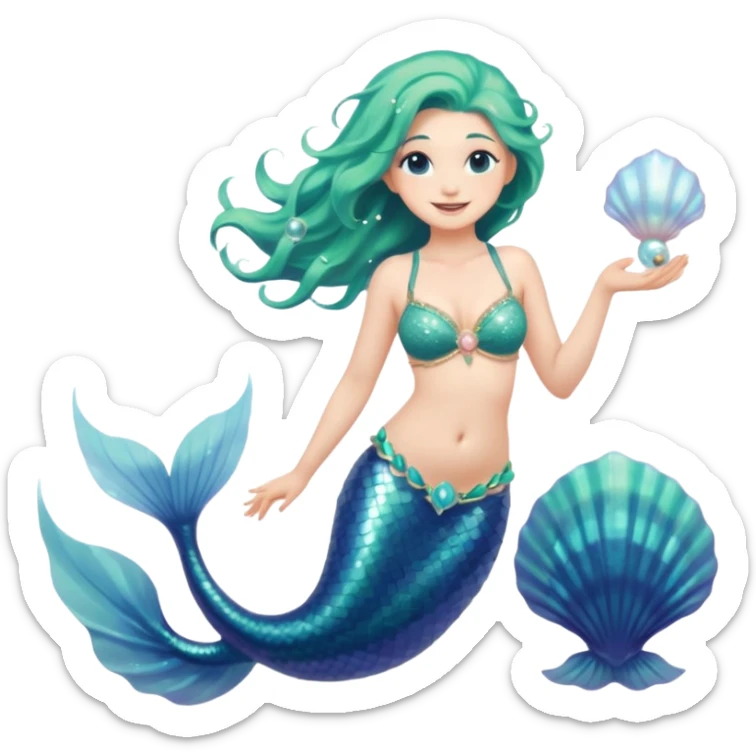 Full body of a mermaid with long flowing sea-green hair, shimmering blue-scaled tail, shell bra, holding a pearl in one hand, smiling softly, front-facing, surrounded by glowing sea particles, fantasy style sticker