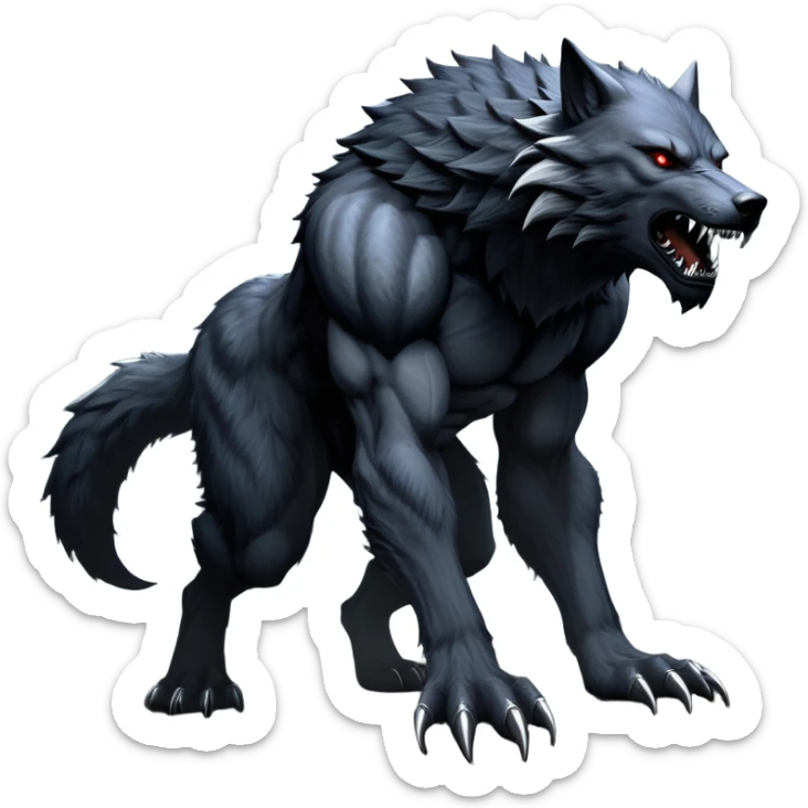 cinematic-noble-fierce-werewolf-full body on all fours-emoji, poised-and-imposing, with a tall, lean, and muscular wolfish frame inspired by the brutal, imposing shape of the beast from Berserk, fur rippling in shades of midnight black and silver, massive paws with razor-sharp claws, elongated limbs and fangs, eyes glowing with an intense, primal ferocity, reflecting the untamed power of the wild moonlit night; rendered with realism like a wolf hunched over battle ready pose ready to attack sticker