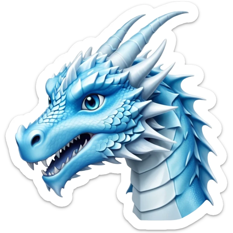 Cinematic Noble elegant Ice Dragon Portrait Emoji, Poised and imposing, distinct long elegant snout, with a slender, scaled body shimmering in glacial hues of icy blue, frostbitten silver, and crystalline white, breathing out frost, with piercing, glowing ice blue white eyes that radiate the chilling depths of an arctic storm; rendered in detail. sticker