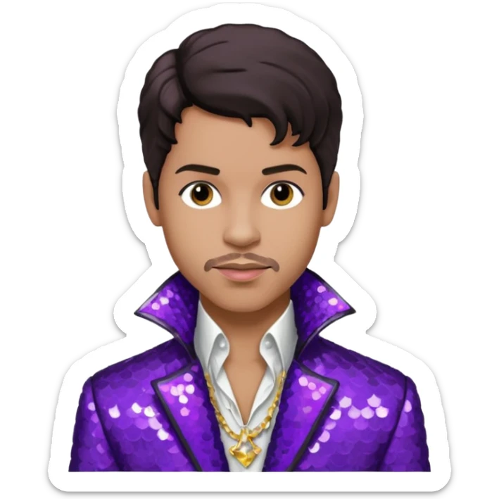 Prince Rogers Nelson with dark brown hair, purple sequin jacket, white shirt sticker