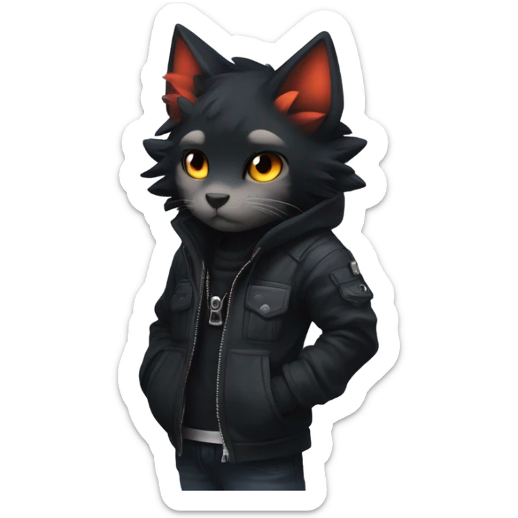 Edgy Shy Anthro Ninja boyish cool pretty dark black Litten-Pokémon-cat-fursona-animal techwear-in love sticker