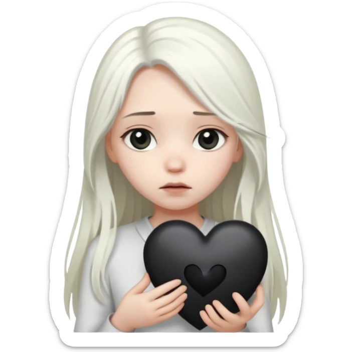 A girl with long white hair is sad and holds a black heart in her hands sticker
