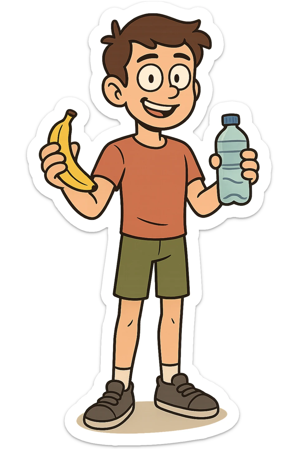 The full body of a young boy who is fit and healthy holding a banana and a drinking bottle of water sticker
