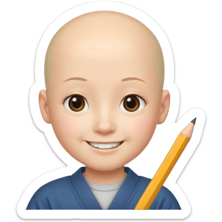 quero um personagem de descendencia japonesa, um pouco calvo e sorrindo com um lapis na mao sticker