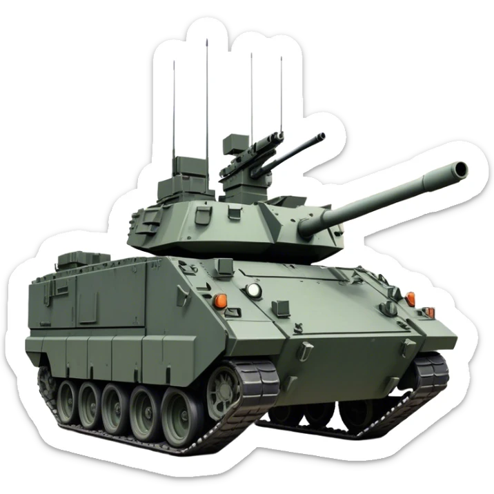 Stryker M1126 (2020) – Cinematic-realistic Stryker M1126 armored personnel carrier, its dark grey-green hull speeding down a war-torn street. The eight large wheels grip the cracked pavement as infantry hunker inside, the turret-mounted .50 cal machine gun scanning rooftops for threats under the eerie glow of distant fires. sticker