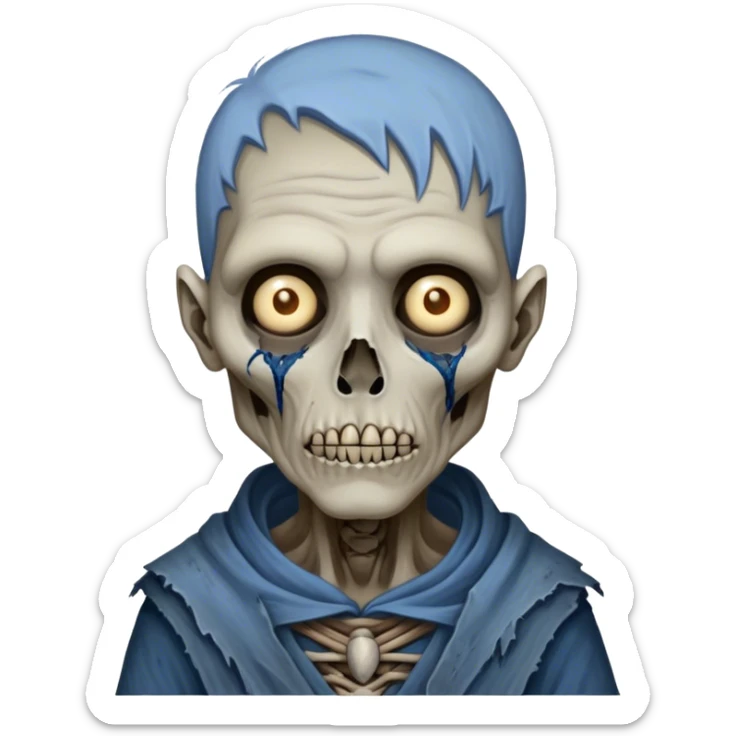 Cinematic Realistic WoW undead civilian Portrait, depicted with decayed yet noble features, his weathered, pallid skin etched with ghostly blue veins and ancient scars. Clad in modest, tattered attire in muted browns and greys that remain consistently rugged, his hollow eyes burn with determined defiance. Rendered with lifelike texture and dramatic natural lighting, high shine, noble and resilient, capturing the stoic spirit of an undead veteran of Azeroth. sticker