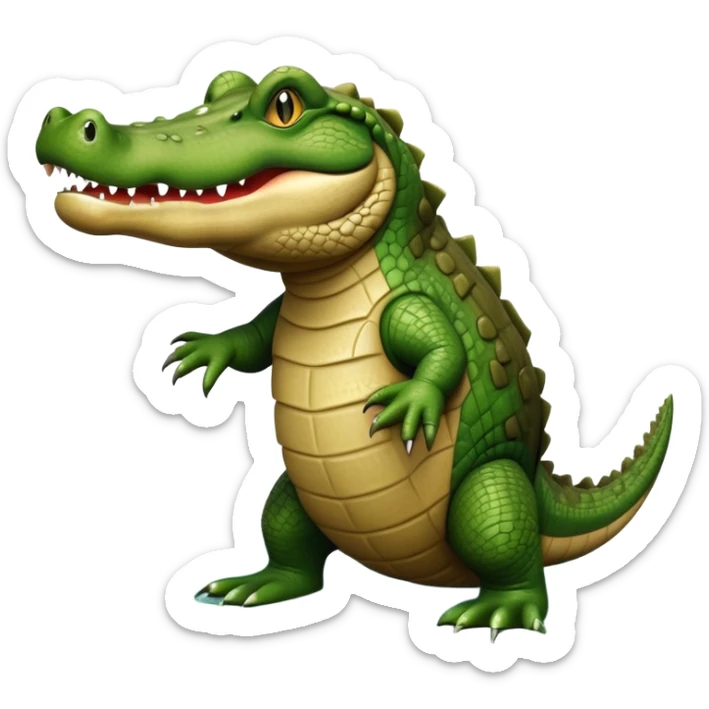 cinematic-crocodile-realistic-full-body-on all fours-emoji,-massive-scaled-body-partially-submerged-in-shallow-water,-head-tilted-dramatically,-rough-green-and-brown-hide-textured-with-deep-ridges,-simplified-yet-realistic-focused-features, head held high sticker