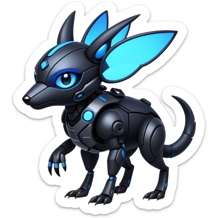 Modern futuristic black dark cyberpunk-fakemon-animal-creature with blue accents sticker