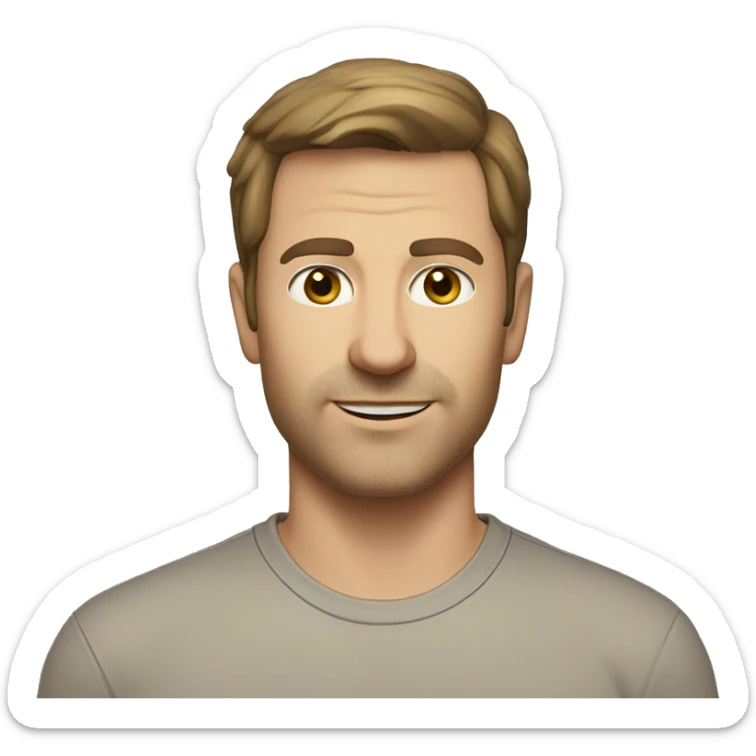 A head and shoulders shot of a 37 year old Caucasian man, with short brown hair, with none facial hair,   with brown eyes wearing a t-shirt. sticker