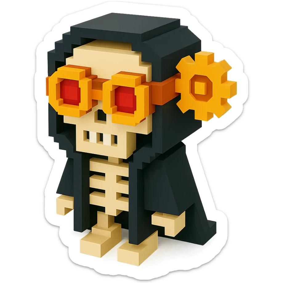 a skeleton man in a black cloak with steampunk goggles and gears, voxel style sticker