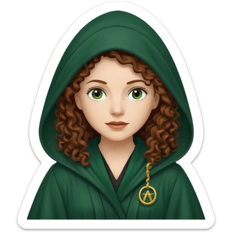 A white woman with long dark auburn hair robed and hooded like she's a Traitor in the tv show The Traitors. her hair is curly and the robe is a dark dark green sticker