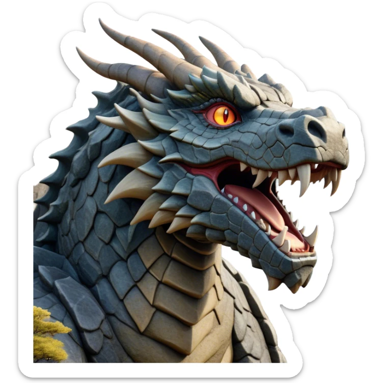 Cinematic Noble Giant Rock Dragon Portrait Emoji, Poised and awe-inspiring, with a massive, rugged form carved from ancient stone, featuring intricately textured scales that resemble weathered granite and basalt, and piercing, stony eyes echoing the strength of timeless mountains; rendered with lifelike detail and earthy natural highlights, high shine, formidable and grounded, styled with an aura of primordial majesty, focused and resolute, soft glowing outline, capturing the essence of an enduring rock titan ready to surge from the screen with ageless power! sticker