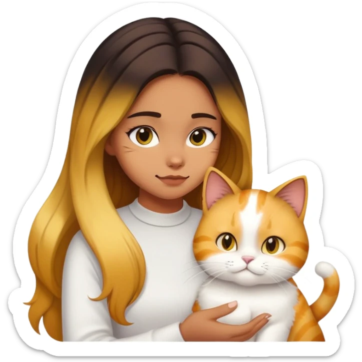 Girl with yellow and black Balayage longhair  petting her white Garfield cat and brown Garfield cat sticker