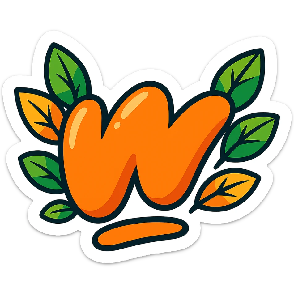 chunky, lively Wattpad 'w' logo, bold cartoon outline, playful shadows, glossy finish, accented with vivid leaves encircling the logo, no background, vibrant toon style sticker