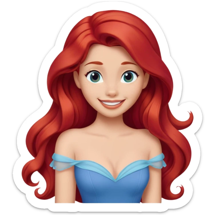 Disney human Ariel with long red hair wearing a blue dress, smiling sticker