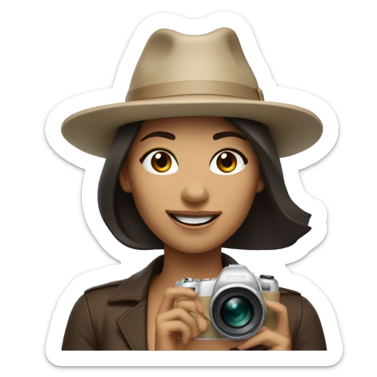 A woman with dark brown hair and a beige hat, winking and holding camera sticker