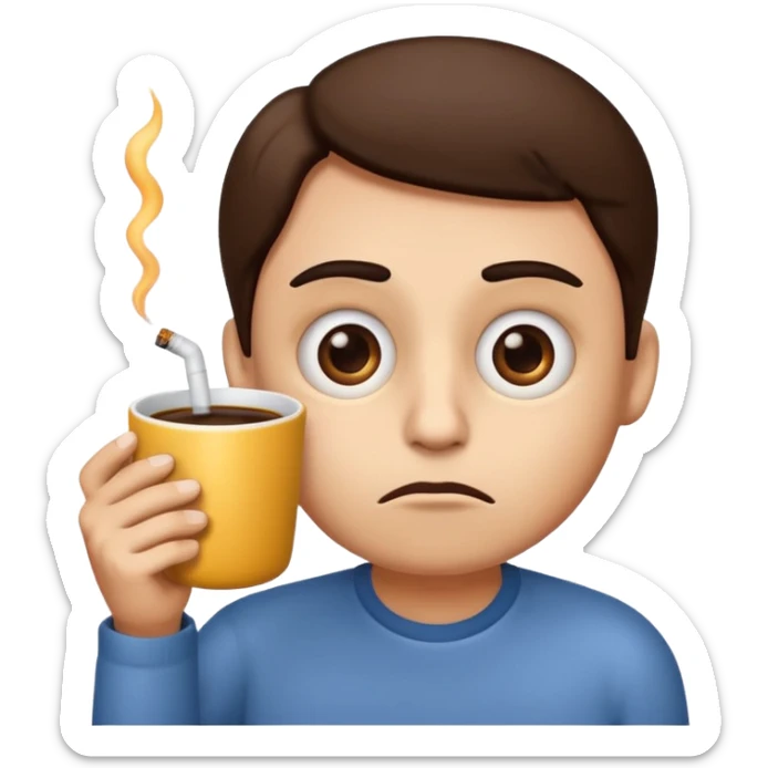 Create an emoji that is tired of life with big eye bags and annoyed. He needs to have a coffee and a used cigarette next to him or his hands  sticker