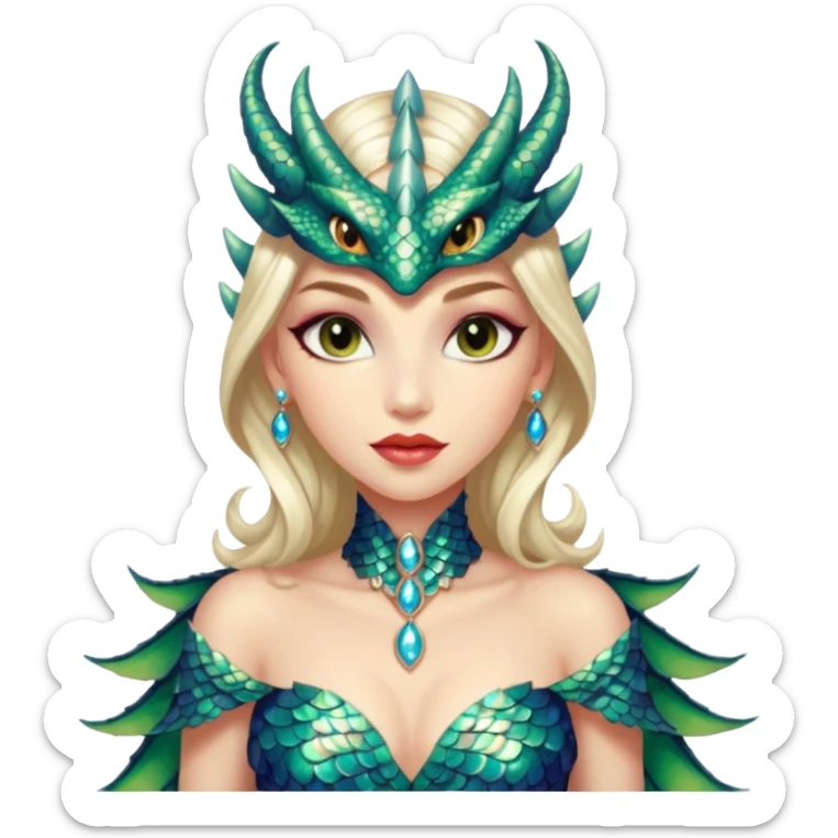 A gorgeous dragon woman with glittering jeweled scales covering her body and face. She has large almond shaped eyes, lush lips, and she wears a stunning luminescent gown. sticker
