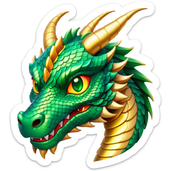 Cinematic Noble Dragon Portrait Emoji, Poised and majestic, with a sinuous, elongated body covered in intricately detailed, shimmering scales in hues of emerald and gold, and piercing, fiery eyes that reflect ancient wisdom; rendered with lifelike texture and natural highlights, high shine, intelligent and formidable, styled with an aura of mythic power, focused and attentive, soft glowing outline, capturing the essence of a legendary dragon that appears ready to soar out of the screen with timeless authority! sticker