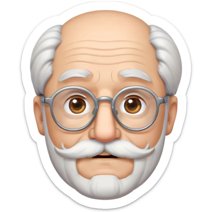 animoji styled handsome old man with rounded glasses with facial hair and mustache all in white silver fox colors sticker