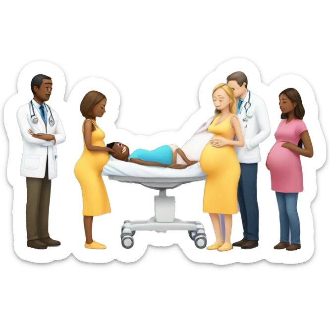 a pregnant woman gives birth and doctors stand nearby sticker