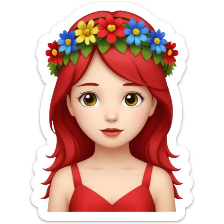 girl with flower crown in red dress and yellow ,blue,green colored flowers sticker