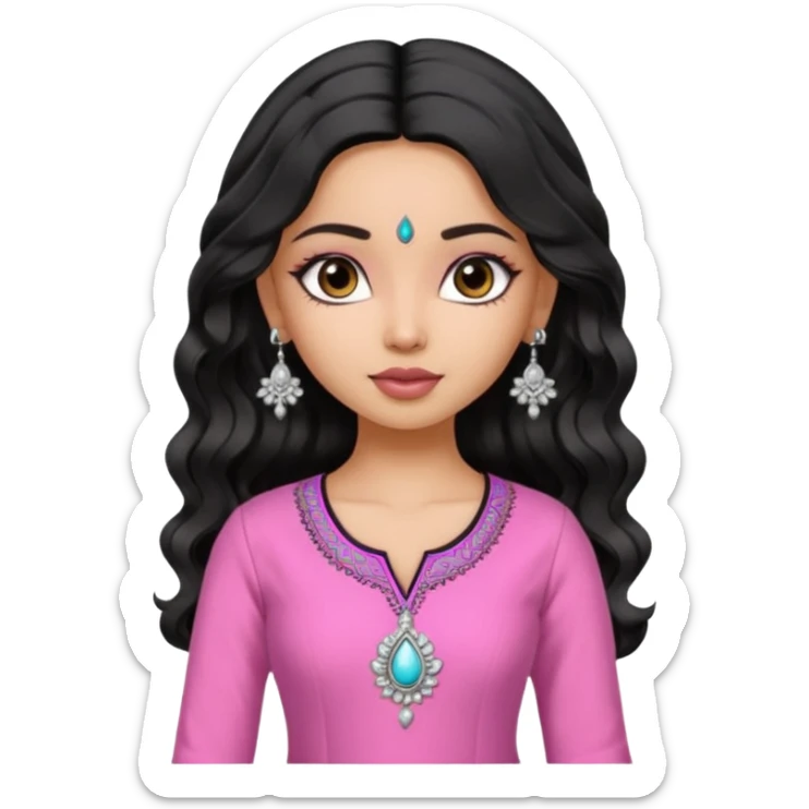 a pretty bratz fair indian girl wearing a pink kurti,  Silver jhumkas, black wavy hair sticker