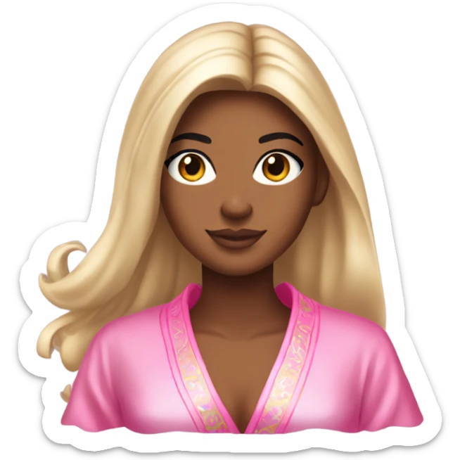 Tanned woman with long black hair wearing a silk pink Victoria’s Secret robe sticker