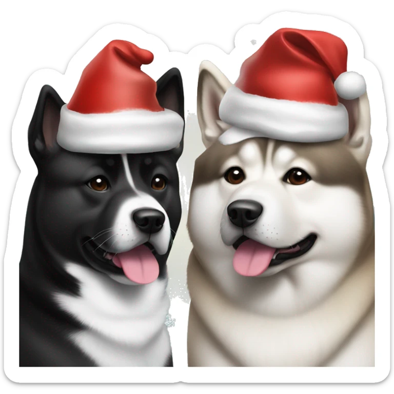 Two American Akita dogs one black and white and the other one fully black wearing Christmas hats sticker