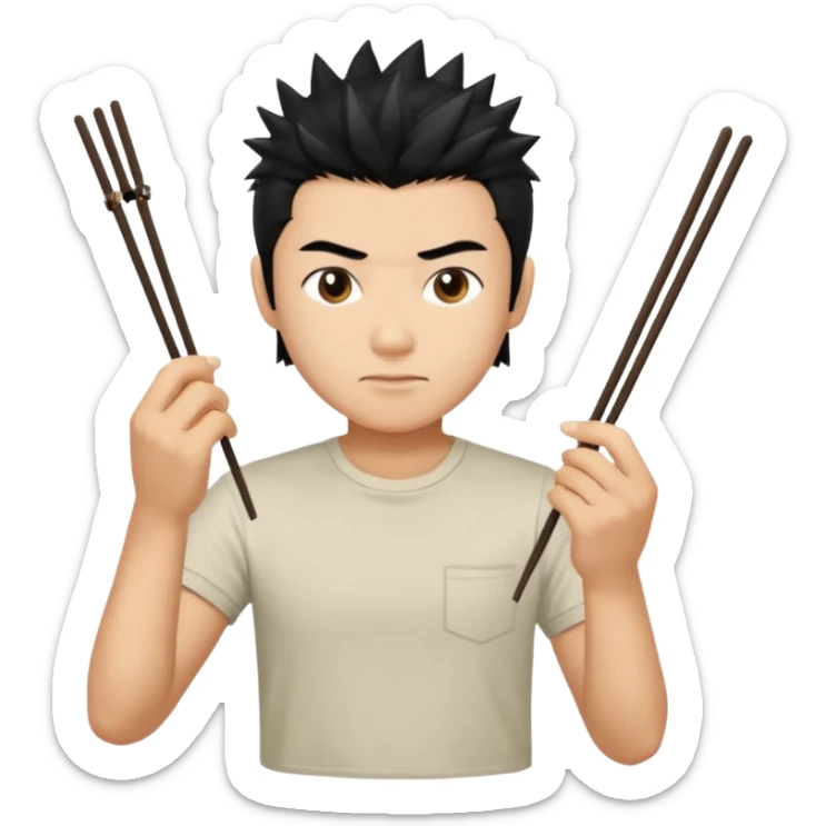 Make it a vietnamese male with spiky black hair holding only ONE pair of chopsticks in one hand, t-shirt. Please only ONE hand with chopsticks sticker