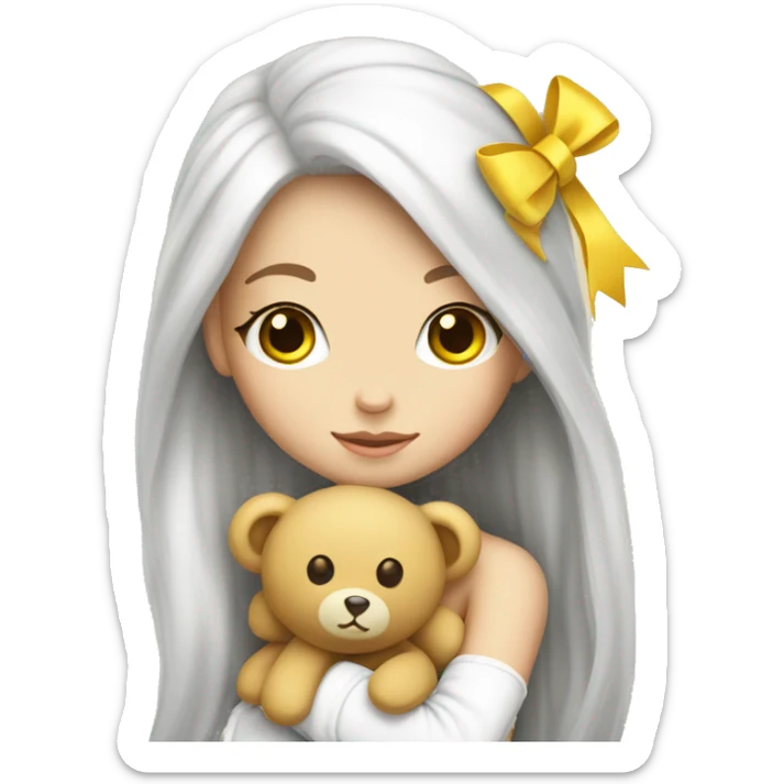 cute white doll, with yellow bow in her hair, long straight hair, hugging a Teddy bear sticker