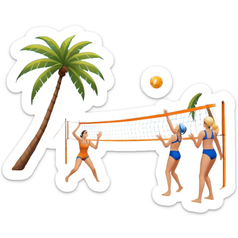 A volleyball resting on the orange sand of a beach, with a volleyball net in the background. The scene includes a beautiful beach landscape with blue sea, sky, and palm trees, while a couple of women in swimsuits play in the distance, capturing the relaxed yet competitive vibe of beach volleyball. sticker