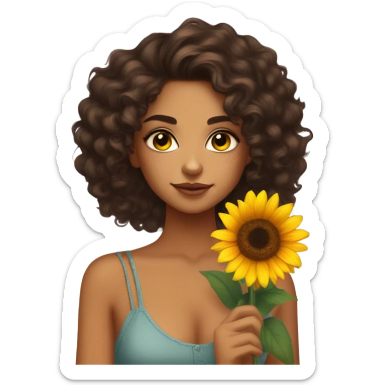 Pretty tan skin Latina with long dark curly hair . Very pretty cat eye makeup . Shes holding a sunflower in her hand  sticker