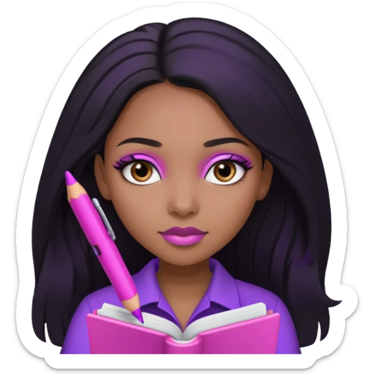 Une fille noir au cheveux lisse qui est entrain d’écrire avec un stylo rose sur un cahier violet cheveux long et lisse avec des jolis yeux et un beau makeup sticker