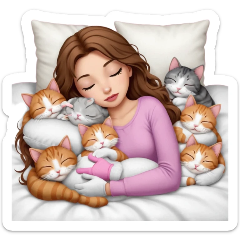 girl with long wavy brown hair, brown eyes, long lashes makeup, sexy pink lips, light to medium complexion,  sleeping on a cozy pillow, with 6 cats: 1 brown and white tabby cat, 1 ginger and white, 2 grey and white, 1 grey with white mittens and small white patch on chest and 1 calico, sleeping sticker
