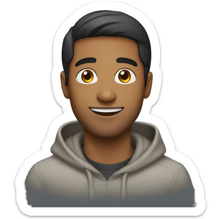 Brown man with straight hair and no facial hair and happy with hoodie sticker