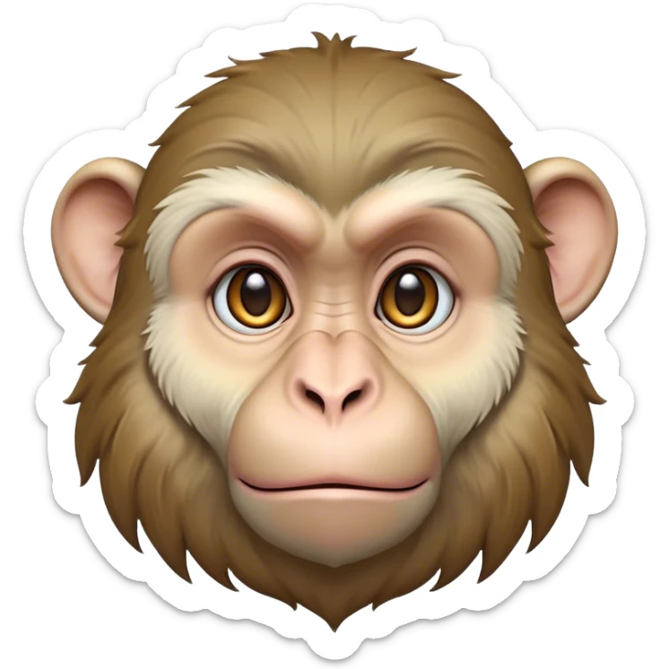 Cinematic Noble Macaque Portrait Emoji, Poised and regal, with a smart, agile build and expressive, deep-set eyes, adorned with soft, detailed fur and a dignified expression, Simplified yet sharp and sophisticated features, highly detailed, glowing with a soft, natural radiance, high shine, intelligent and commanding, stylized with an air of primate nobility, focused and alert, soft glowing outline, capturing the essence of a watchful and confident guardian that appears ready to leap out of the screen with effortless authority! sticker