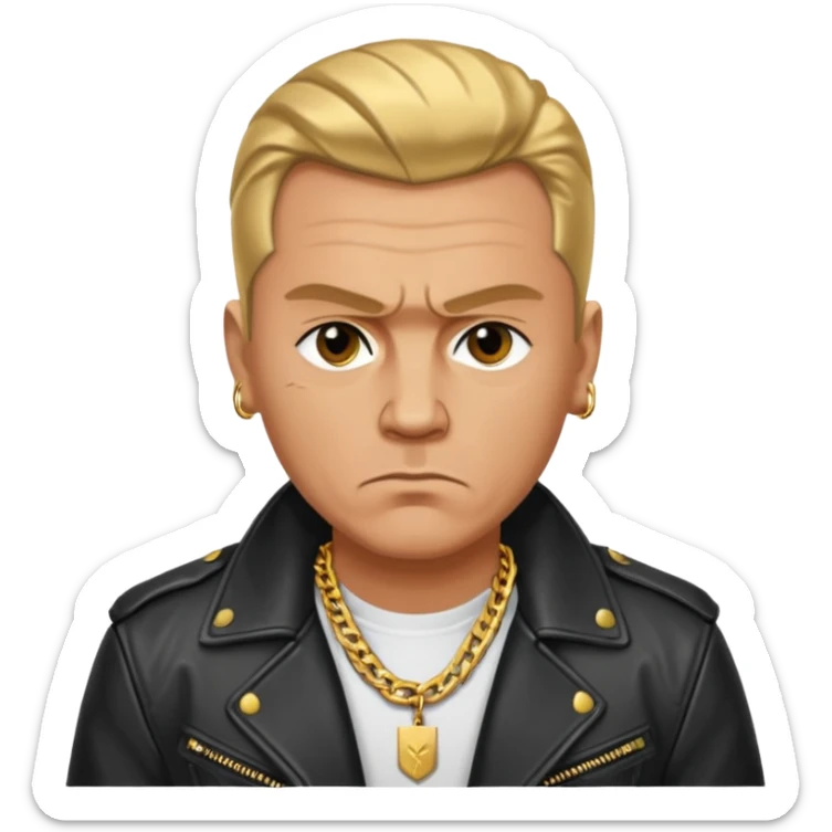 Russian 1990s gangster emoji, leather jacket, gold chain, serious face, cartoon style sticker