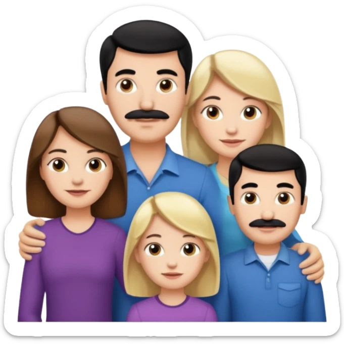 Mom with brown hair. Dad with black hair and mustache. 2 sons with blonde hair. 1 daughter with blonde hair. sticker