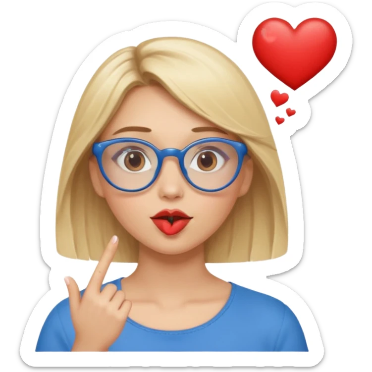 Blonde women with brown eyes, blue glasses, brown top, blowing a kiss with hearts around her.
 sticker