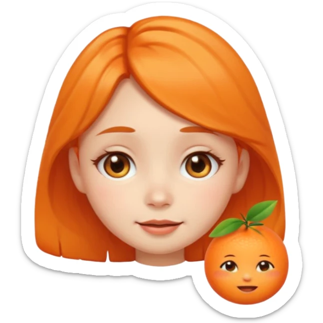 cute cartoon girl emoji with big teary eyes, soft cheeks, gentle smile, tangerine-shaped hairpin, round face, warm, emotional sticker