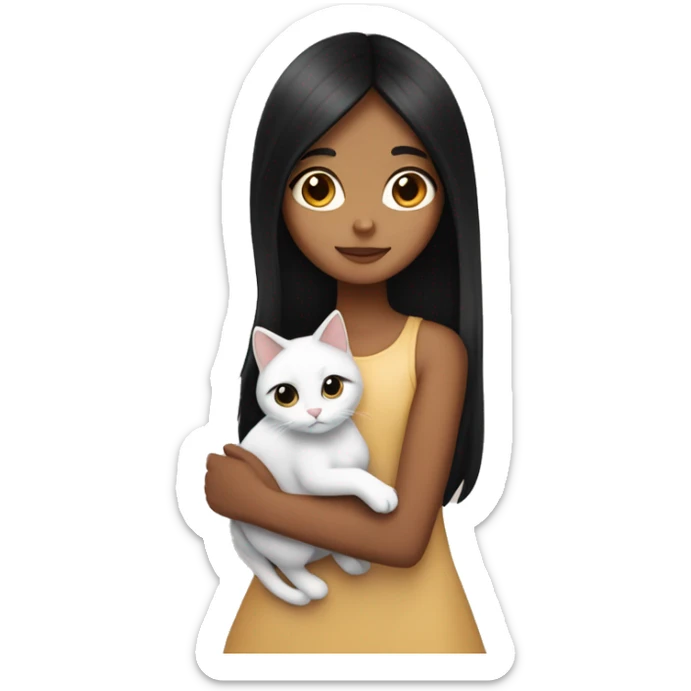 girl with very long black hair and caramel skin hugging a white cat sticker