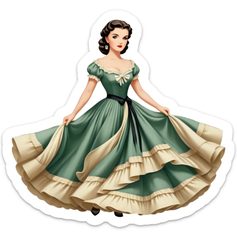 Icon for Romance Movie: A vintage movie poster-style design inspired by Gone with the Wind. Include romantic, sweeping imagery like Scarlett O'Hara in a flowing dress, Rhett Butler, a plantation backdrop, and fluttering wind-blown fabric. Soft, nostalgic cinematic feel. Transparent background. sticker