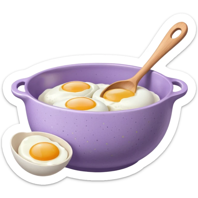 a lilac ceramic mixing bowl with a wooden spoon stirring and sitting next to it is a few eggs sticker