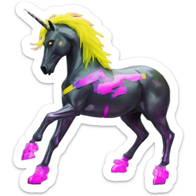 .Zombie_ Vaporwave black holographic oilslick zombie unicorn yellow caution tape graffiti Pegasus with  prosthetic leg  sticker