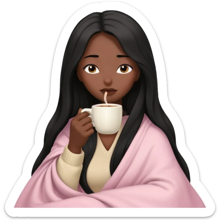 Black long hair lady  with black skin inside a beige and light pink blanket sipping coffe with eyes closed  sticker