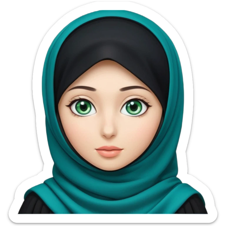 a girl wearing a black hijab and has green and blue eyes with another model of a hijab like a hijab but it's showing the neck sticker