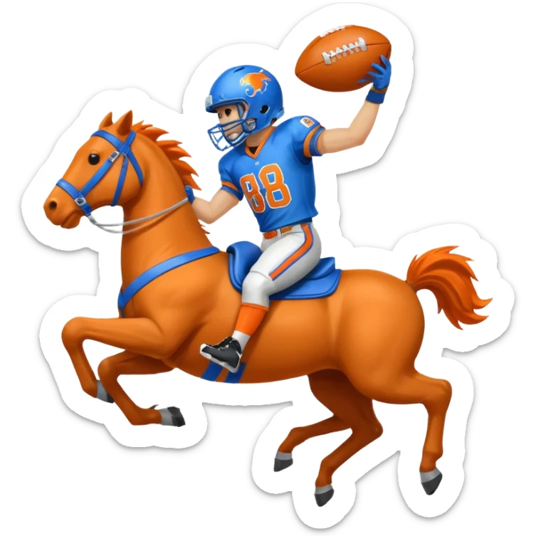 A bucking bronco wearing blue and orange wearing a football helmet with the number 88 sticker