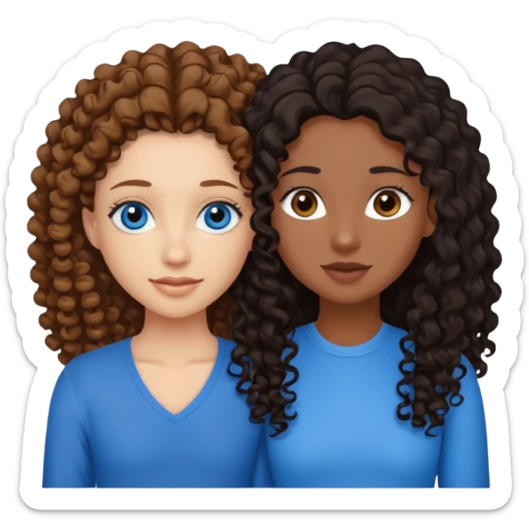 Two best friends .bestie 1: beige skin with brown long hair and blue eye. Bestie 2:mixed race skin with curly black hair and brown eye sticker