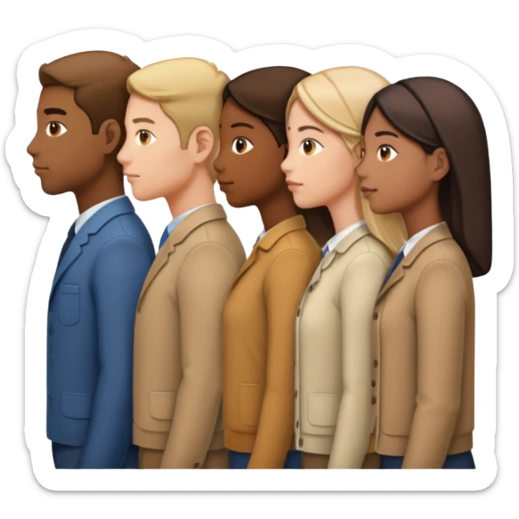 A line of 5 people standing in profile, one behind the other, all facing to the right, third variation sticker